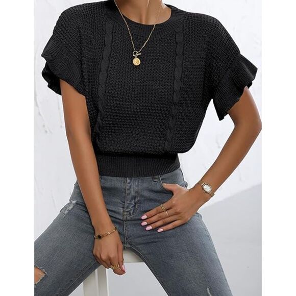 Fashion Sweaters - Women's Black Knit Ruffle Sleeve Sweater Size Medium